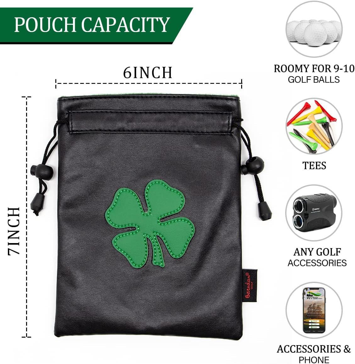 Golf Valuables Pouch,Golf Bag Pouch with Drawstrings Leather Tee Pouchs Bag for Men Women
